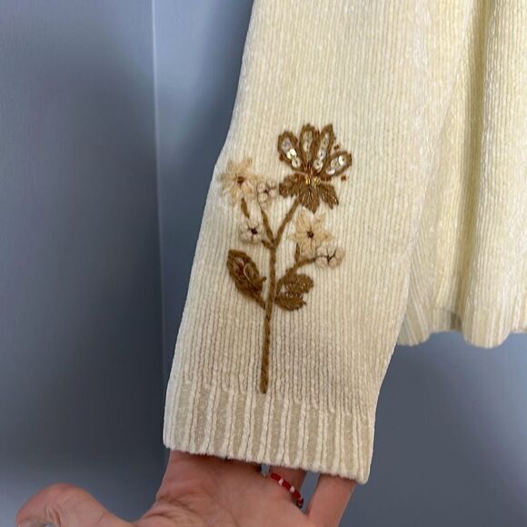 Vintage Alfred Dunner Cream Chenille 1/4 Zip Sweater Sz Medium  Brown Flowers - Picture 2 of 8